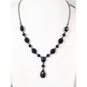 Napier Black Teardrop Oval Y-Drop Elegant Necklace Gray Metallic Gothic 19"